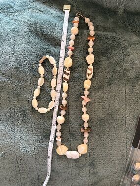 Natural Shell Bead Necklace and Bracelet Set - White & Pink Accents